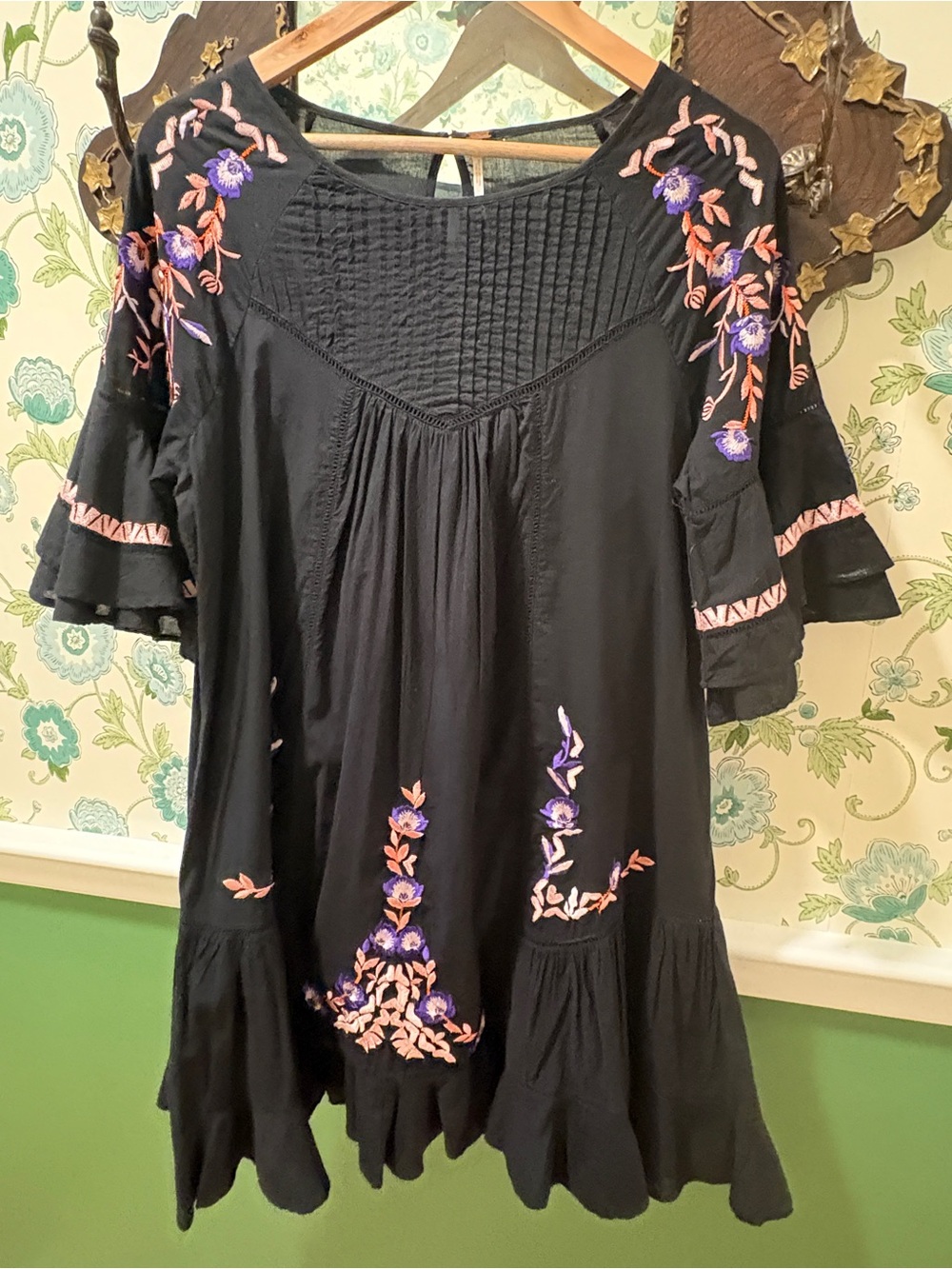 Free People Black Embroidered Boho Tunic with Purple & Pink Florals